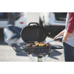 Coleman RoadTrip® 225 Portable Stand-Up Propane Grill 13 Coleman RoadTrip® 225 Portable Stand-Up Propane Grill -Camp And Explore 2000033048 coleman grill 225 su black close up of food on grate in use