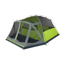 Coleman Skydome™ 8-Person Camping Tent With Screen Room, Rock Grey -Camp And Explore 200003752420 8P DmScrnPrch RckGry 2 FrontAngleLeft FlyOff WindowsDown
